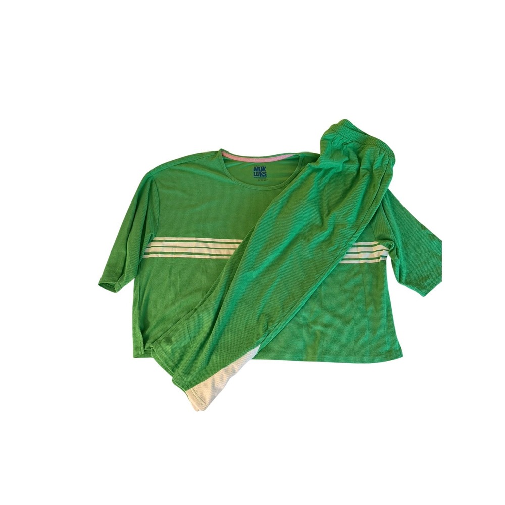 Muk Luks PJ Set Womens 2X Green Waffle Knit Short Sleeve Top Pants Loungewear